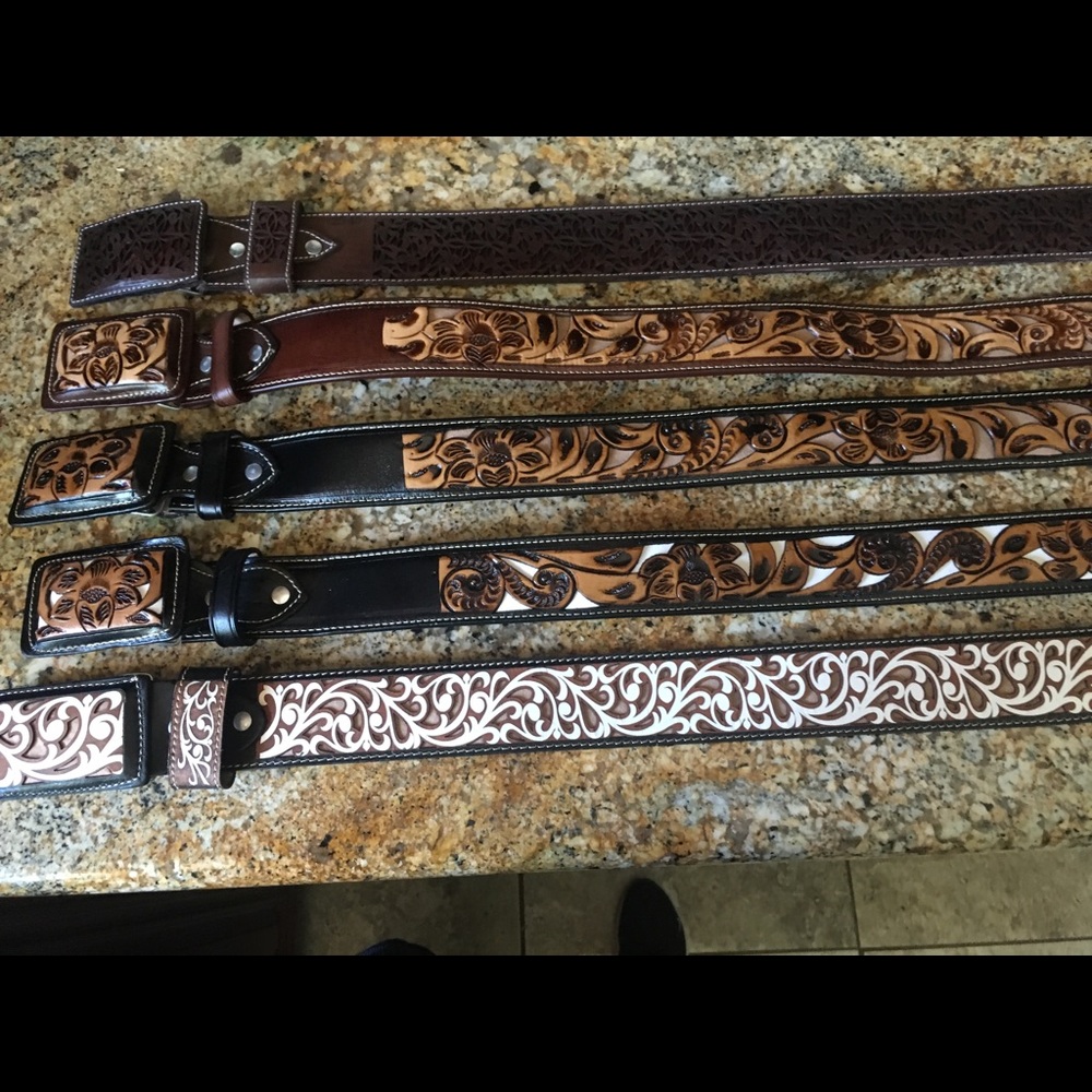 High quality leather tooled belt buckle unisex